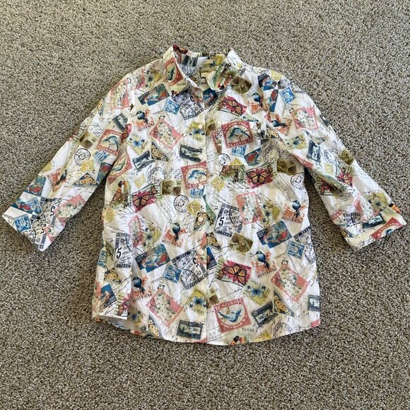 Chicos Women's Sz M Shirt Stamps & Butterfly Print 3/4 Sleeves Multicolor - Picture 9 of 9